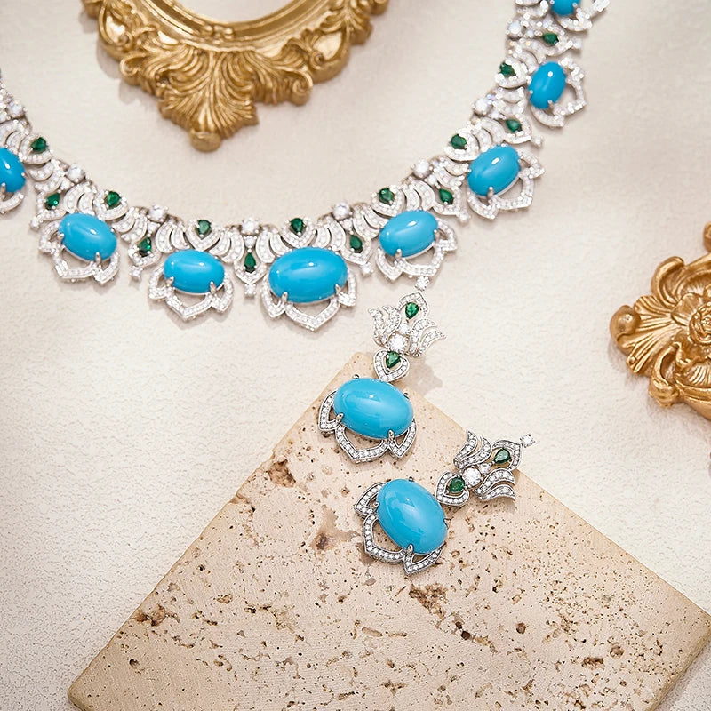 Turquoise Blue Retro Hollow Iris Flower Shaped Sexy Women's Brass Zirconia Necklace Earrings 2-piece Set Dubai Wedding Jewelry