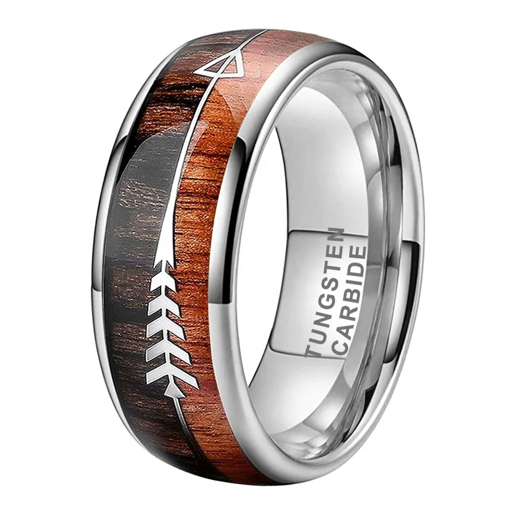 Coolstyle Jewelry 8mm Wholesale Dropshipping Koa Wood Arrow Inlay Tungsten Ring for Men Women Fashion Engagement Wedding Band