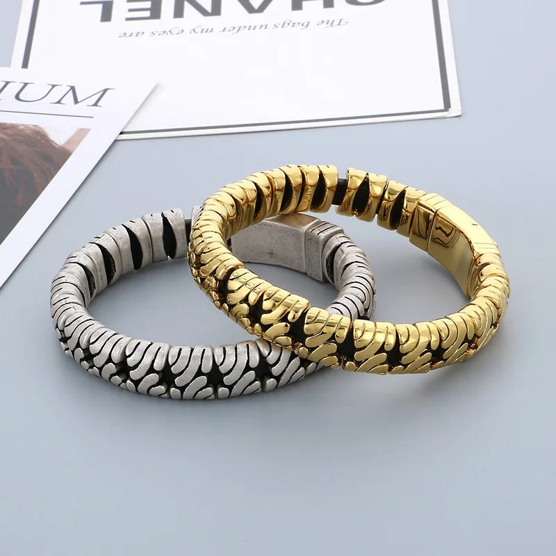 KALEN Men Retro 220mm Matte/Polished Stainless Steel&Leather Links Bracelet