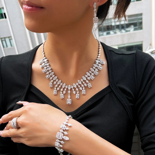 High Quality Tassel Shape Middle East Style Brass Cubic Zircon Wedding Bridal Luxury Jewelry Set for Women Dress Accessories