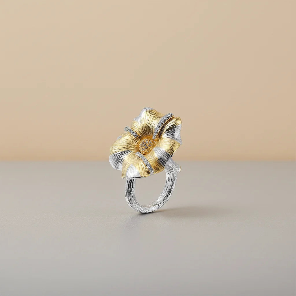 Fashion Big Flower 925 Sterling Silver Gold Plated Store Jewelry Ring