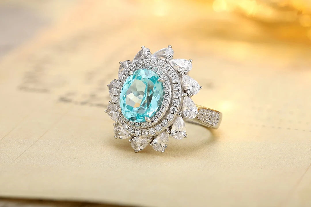 Gemfiori Sterling 925 Silver Lab Grown Paraiba Luxury Colorful Gemstone Set Includes Pendant, Earrings, Ring High End Gift for Her