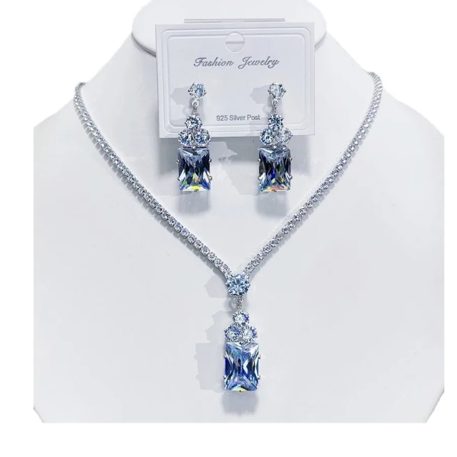 K054 Top Quality Luxury Simple Geometric Zircon Necklace Earrings Set Women Elegant Jewelry Set