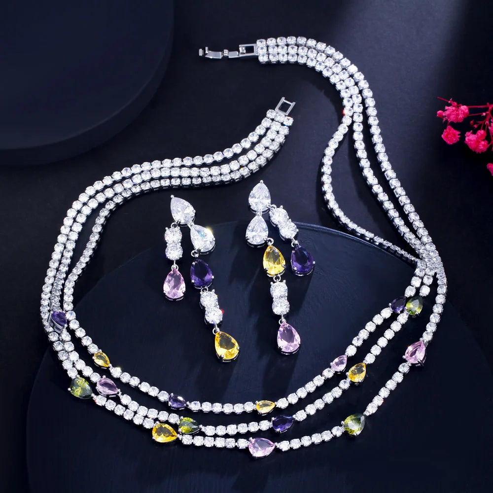 Fashion Rhodium Plated 3 Layer Multicolor Cubic Zirconia Water Drop Women's Party Earrings and Necklace Jewelry Set for Bridal