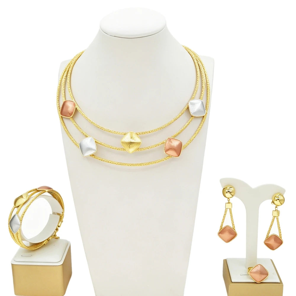 Zhuerrui Three Tone Layered Gold Plated 4Pcs Jewelry Set Necklace Bangle Earrings Ring for Wedding Daily Wear HS26009