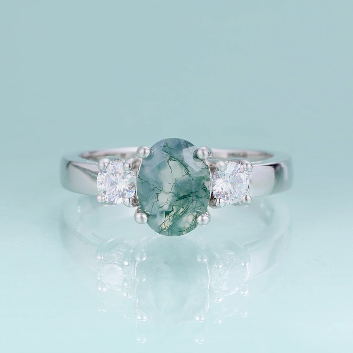 ArtistA Abiding Plated Silver 925 Natural Stone Ring Fancy Cut Natural Inspired Moss Agate Engagement Ring for Anniversary Bridal
