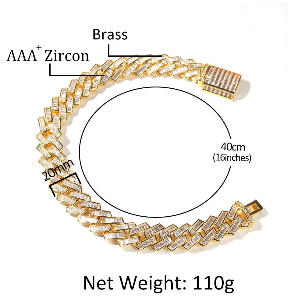 New 20mm Hip Hop Miami Cuban Chain Brass Iced Out Baguette Square Zirconia Necklace Jewelry for Men Women Iced Cuban Link Chains