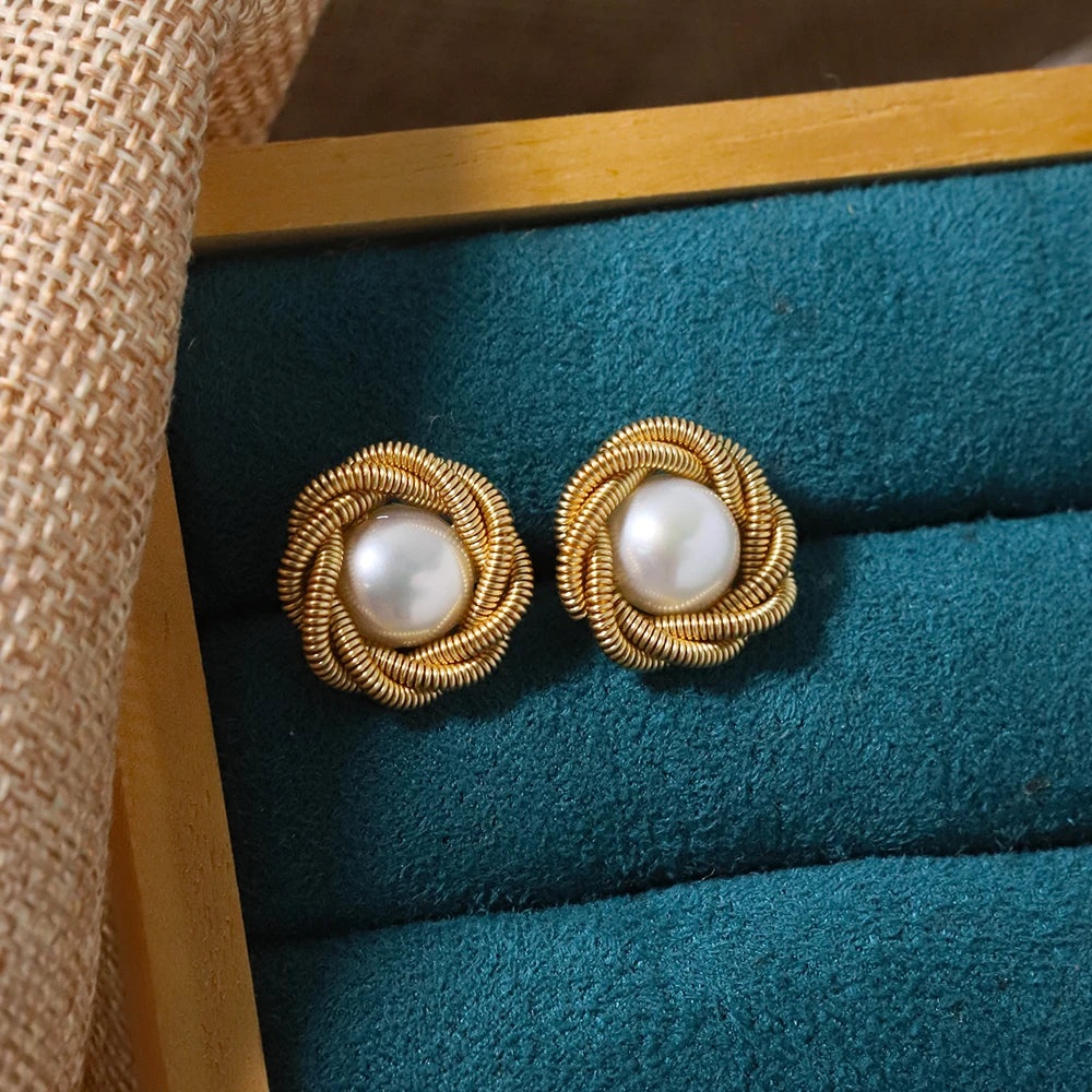Natural Freshwater Pearl Gold Wire Lace Earrings Korean Style Women Luxury Jewelry Fashion Ladies and Girls Gift GE1566