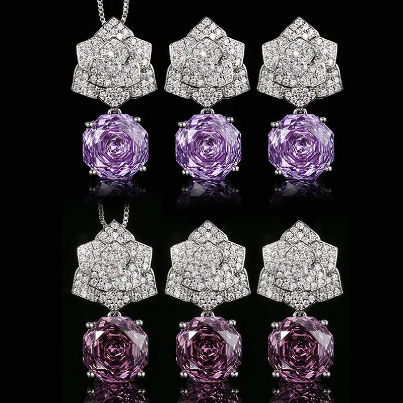 Gemfiori High Quality Luxury Cut Roland Petal Pendant Necklace Sparkling Zircon Earrings Necklace Bridal Engagement Jewelry