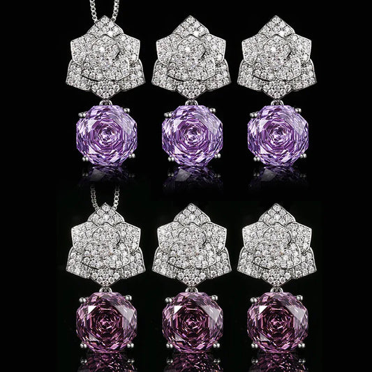 Gemfiori High Quality Luxury Cut Roland Petal Pendant Necklace Sparkling Zircon Earrings Necklace Bridal Engagement Jewelry