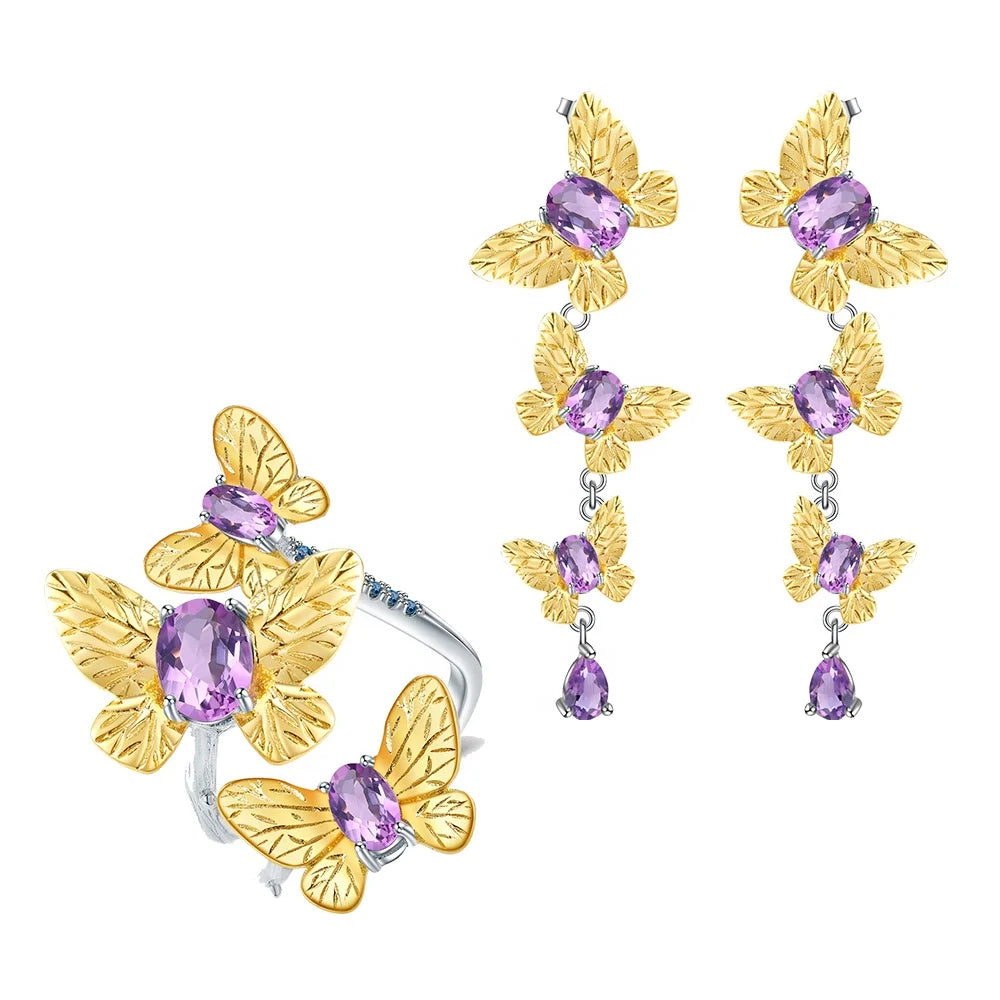 ArtistA C7751 Abiding Factory Natural Amethyst S925 Silver Gold Plated Butterfly Dangle Earrings Adjustable Ring Jewelry Set