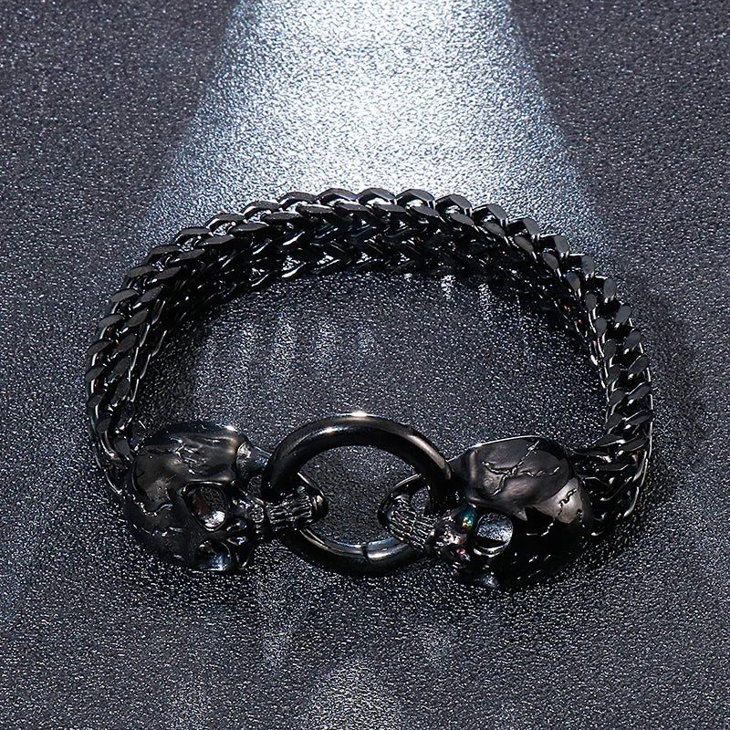 REBEL Punk Fine Jewelry Fashion Bracelets Stainless Steel Skull Charm Herringbone Links Bracelet