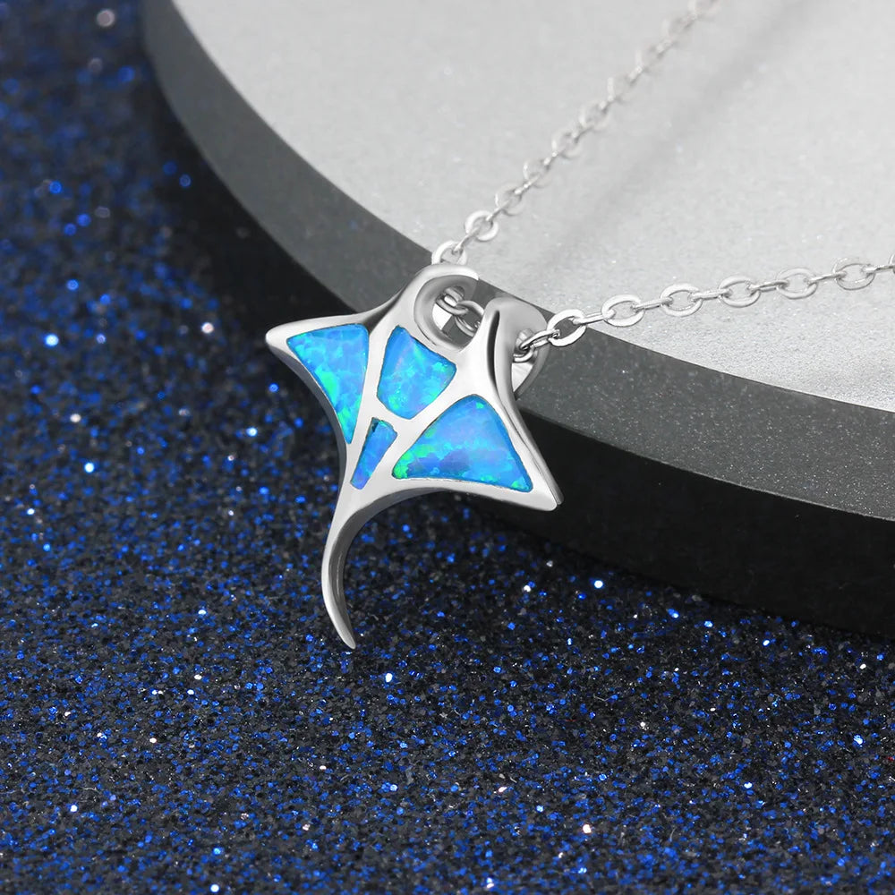 Hawaiian European American Style New Blue Opal Manta Ray Necklace Gold Plated Sweater Chain Pendant
