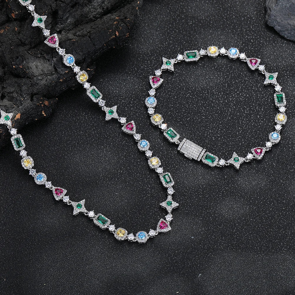 Luxury Geometric Zircon Tennis Necklace for Men and Women Colorful Gemstone Gold Plated Hip-Hop Necklaces