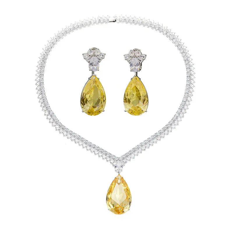 Luxury Design Large Teardrop Pendant Pear Cut Shiny Cubic Zirconia Luxury Women Party Jewelry Sets
