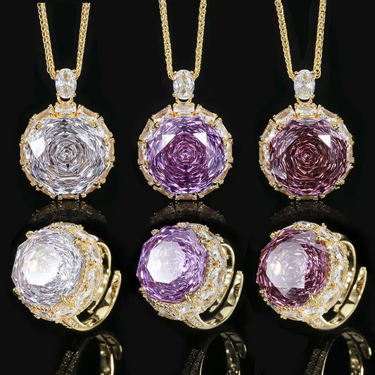 S&S Luxury Ladies' Rose Pendant Ring Shining Zircon O-Chain Rose Red Purple Silver Bridal Party Jewelry Set