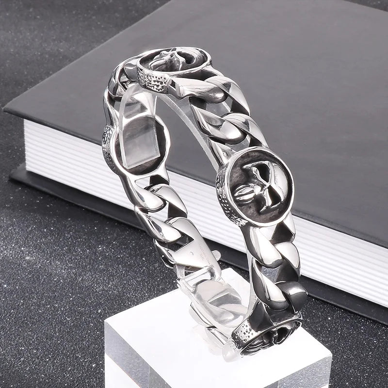 KALEN 230mm Men Punk Stainless Steel Skull Charms Cuban Links Bracelet
