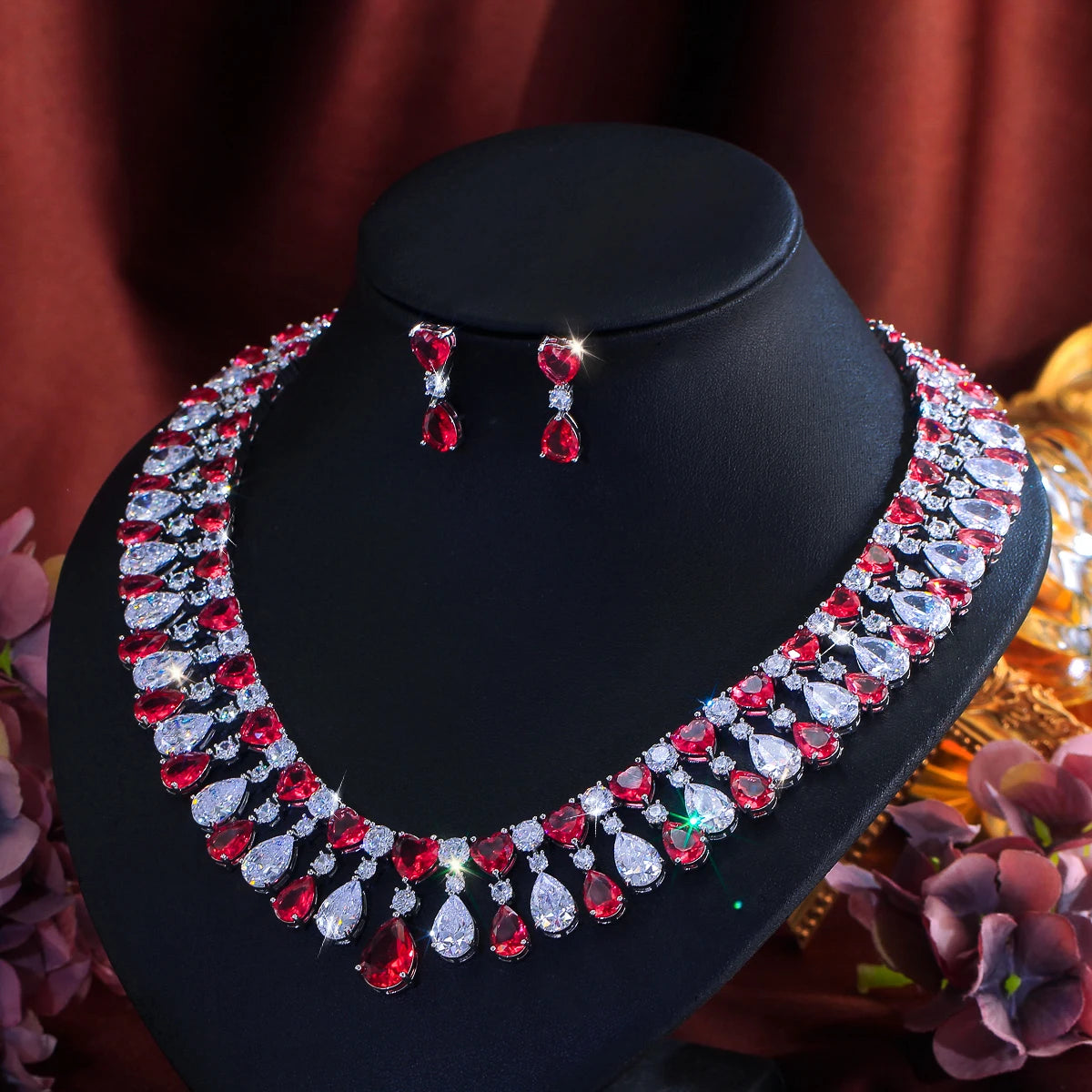 Charming Cubic Zirconia Jewelry Set Rhodium Plated Red CZ Heart Drop Dangle Necklace Earrings Jewelry Set for Brides Wedding