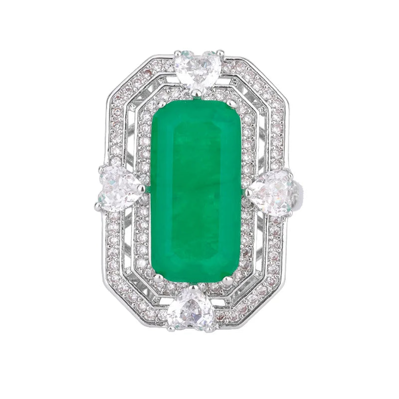 High Quality Eco-friendly Copper 8*16MM Emerald Green Cubic Zirconia 3 Piece Wedding Bridal Ring Necklace Set for Party