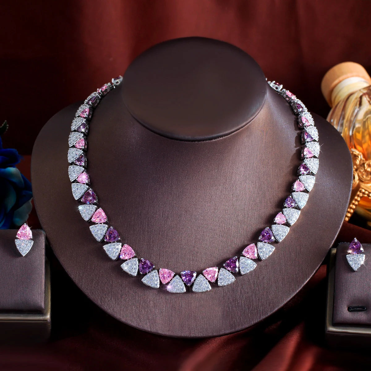 Geometric White Pink Purple Triangle Cubic Zircon Wedding Necklace Earrings 2Pcs Jewelry Set for Women Evening Party Accessory