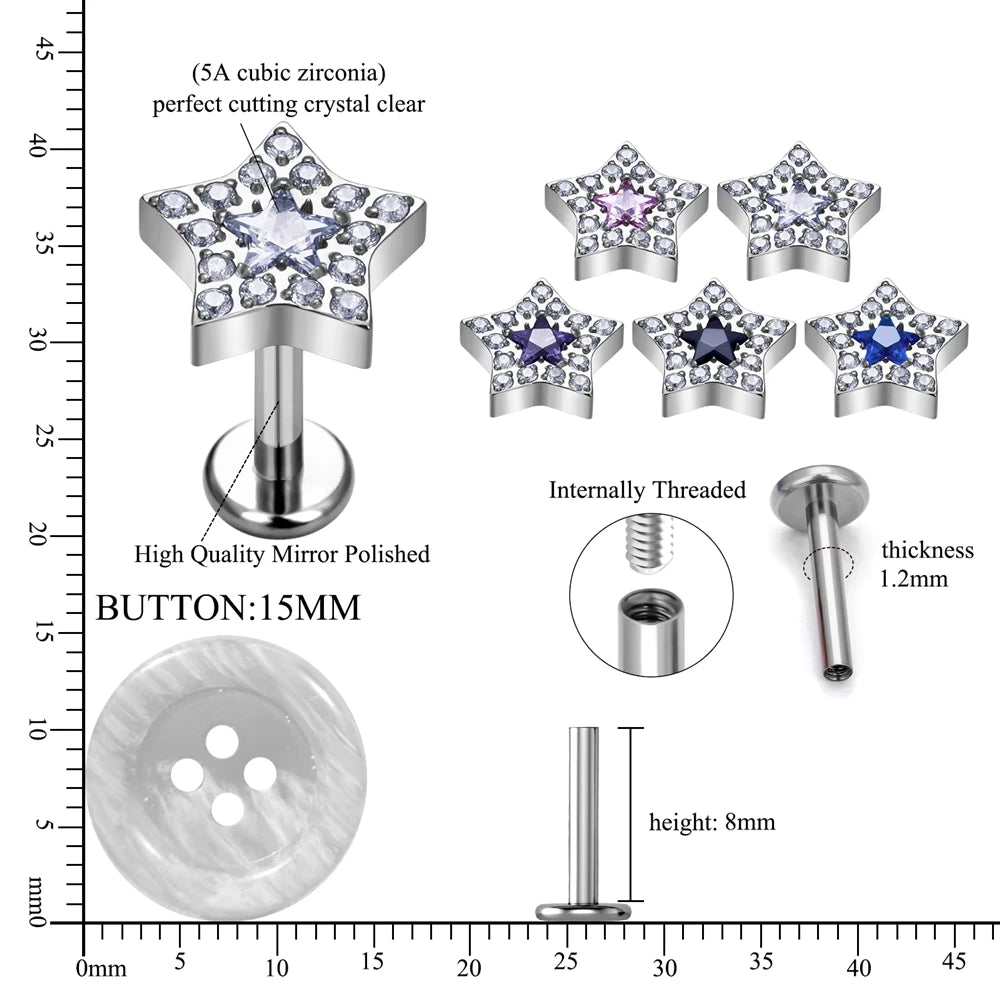 ASTM F136 Titanium Helix Earring Labret 16G Star Shape CZ Paved Internal Thread Punk Style Nose Studs Piercing Jewelry Wholesale
