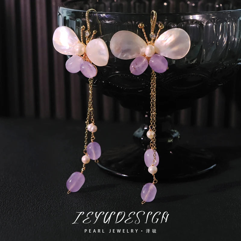 Natural Pearl Baroque Amethyst Butterfly Earrings 2025 New Design Earrings Banquet Gift Girls Jewelry GE1241