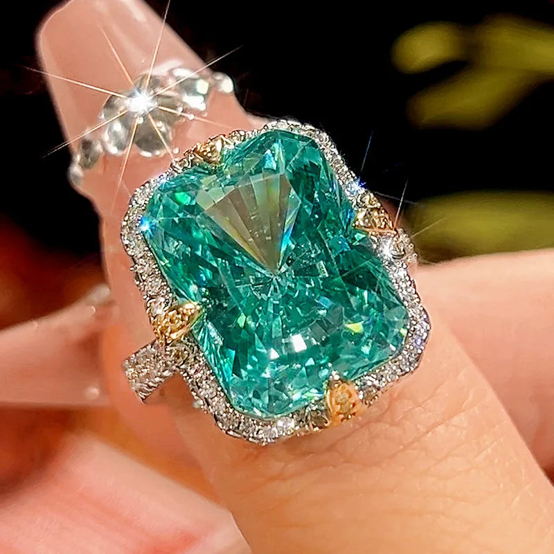 Gemfiori High End Green Pendant Ring Earrings Inlaid with square Zirconia Light Luxury Niche Design Temperament Princess square Set
