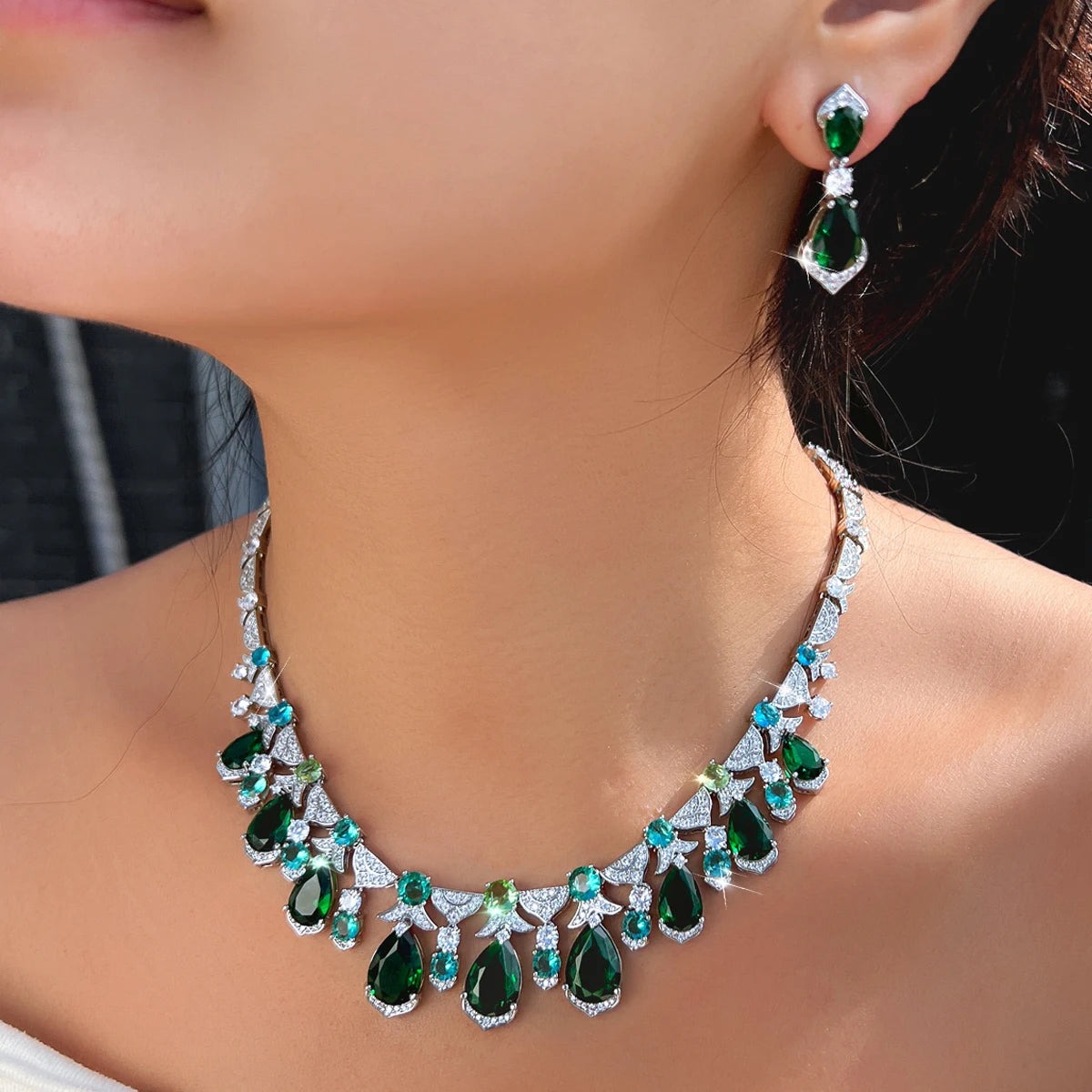 Trendy CZ Jewelry Set Light Blue Round Green Drop Zirconia Tennis Necklace Earrings Jewelry Set for Women Lady Valentine's Gift