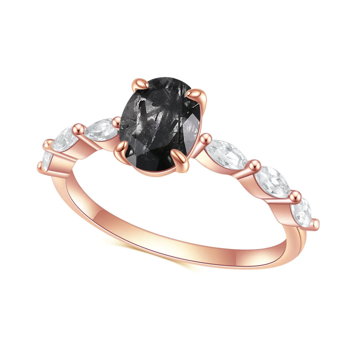 ArtistA Abiding OEM Factory Direct Sale Rose Gold Plated 925 Sterling Silver Natural Black Rutilated Quartz with White CZ Side Stones