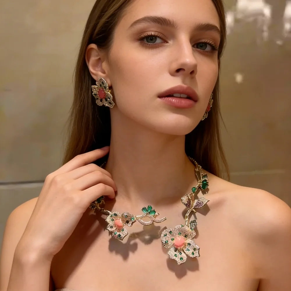 XM S207 Platinum Plated Princess Cut Zircon Floral Statement Necklace & Drop Earrings Bridal Set