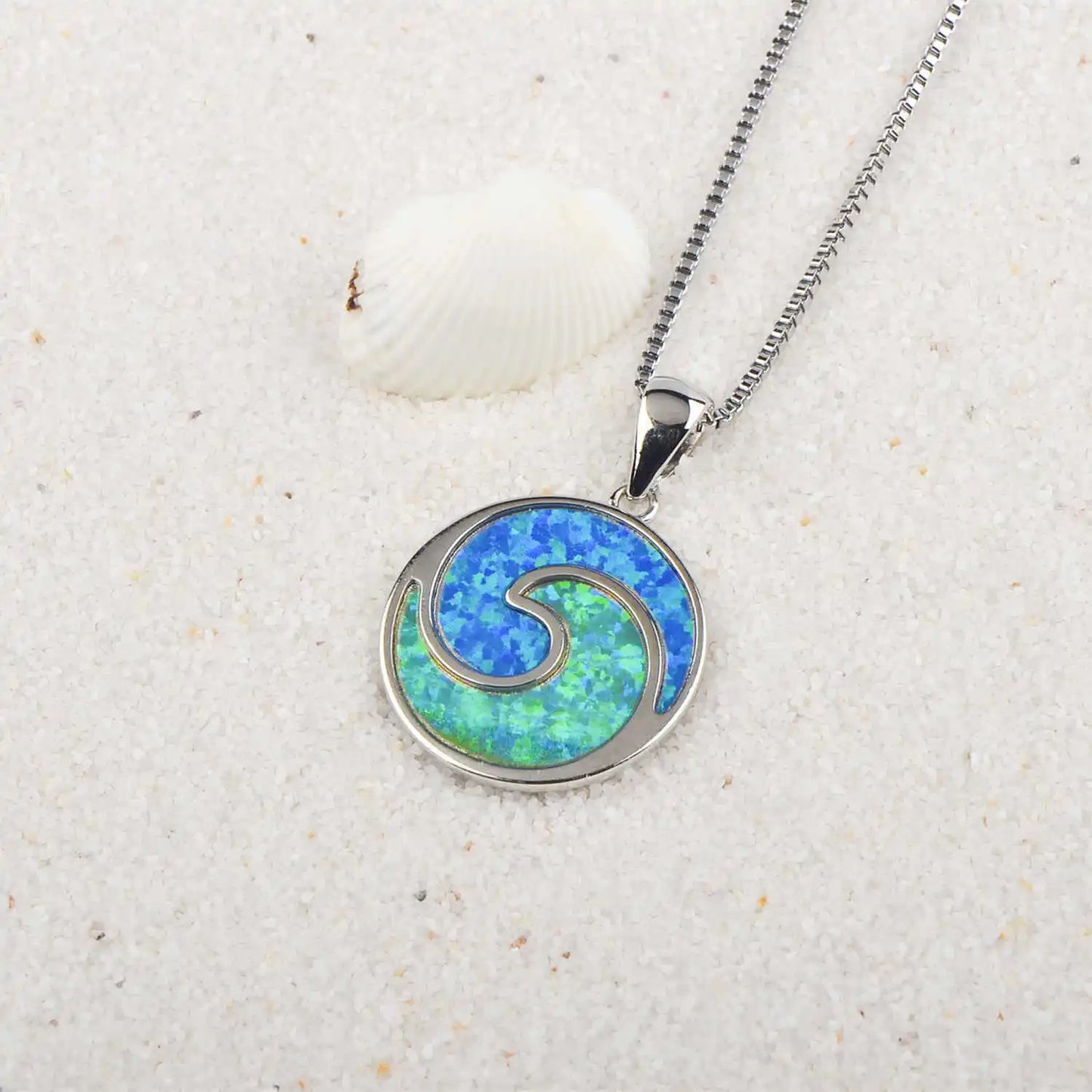 Aobao Christian Silver Plated Copper Link Chain Minimalist Surf Wave Pendant Opal Sweater Necklace Gift