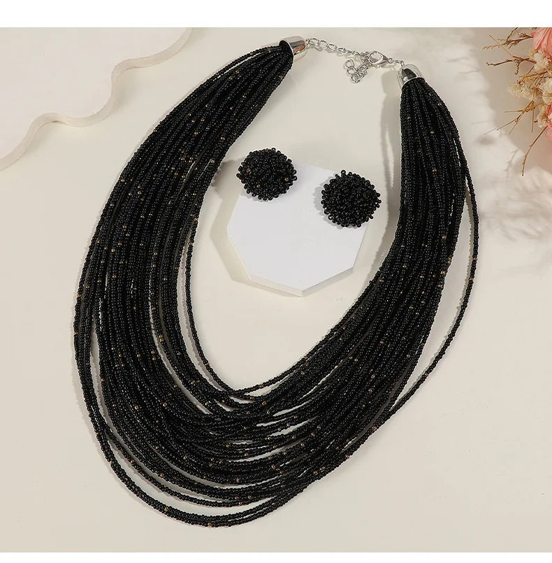 Bohemian Multi-Layer Rice Bead Necklace & Earrings Set | Retro Ethnic Style Glass Bead Jewellery | 9 Colours
