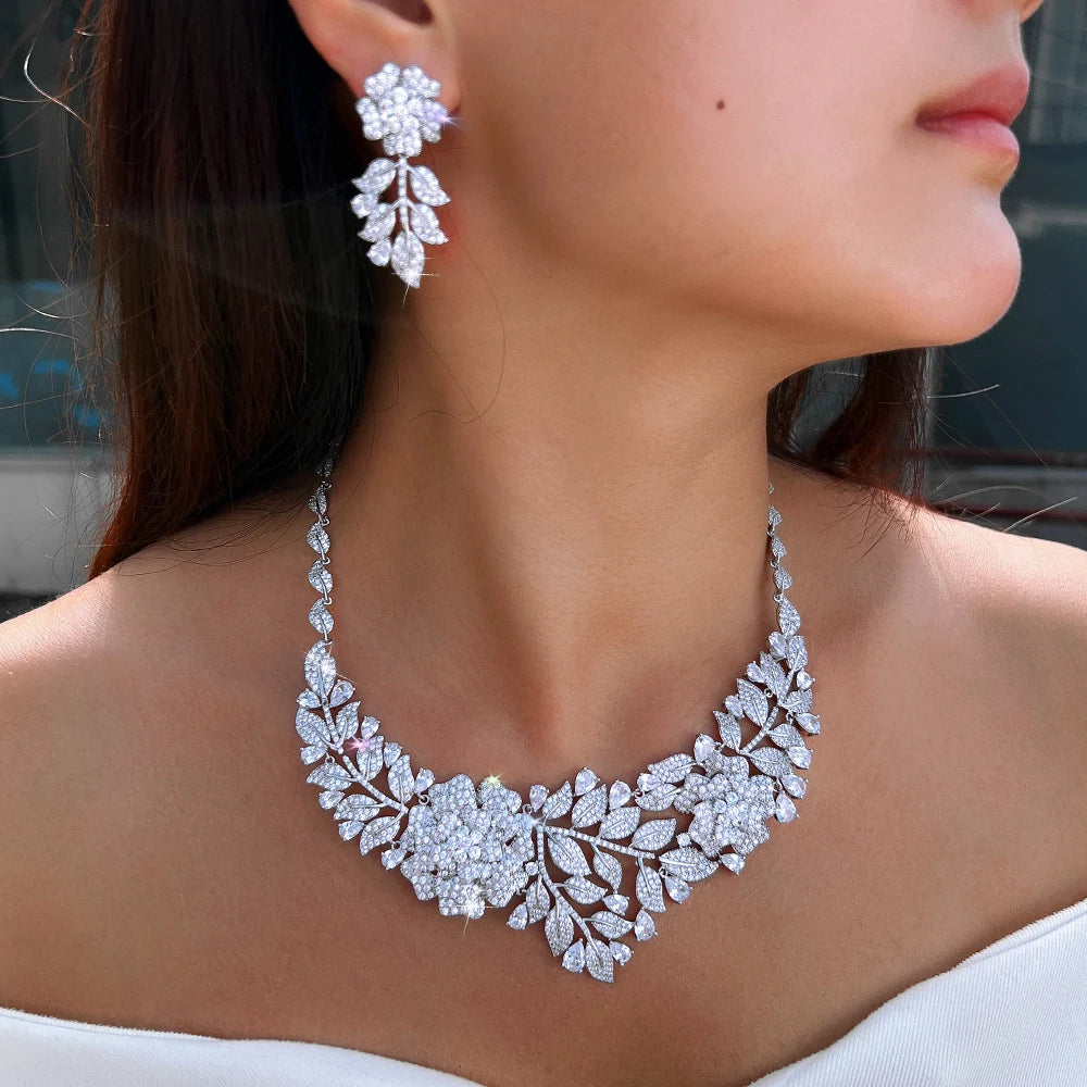 Sparking White Cubic Zirconia Flower Leaf Shape Exaggerating Earrings Necklace Luxury Bridal Wedding Big Jewelry Set for Women