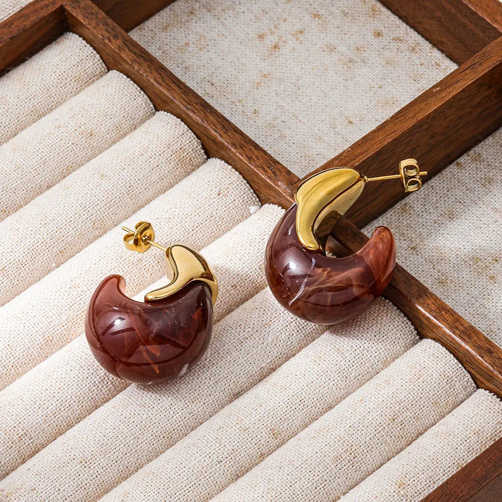 Joolim PVD Plated Wholesale Waterproof Chunky Vintage Marble Pattern Resin Pear C Shape Hoop Earring Stainless Steel Jewelry