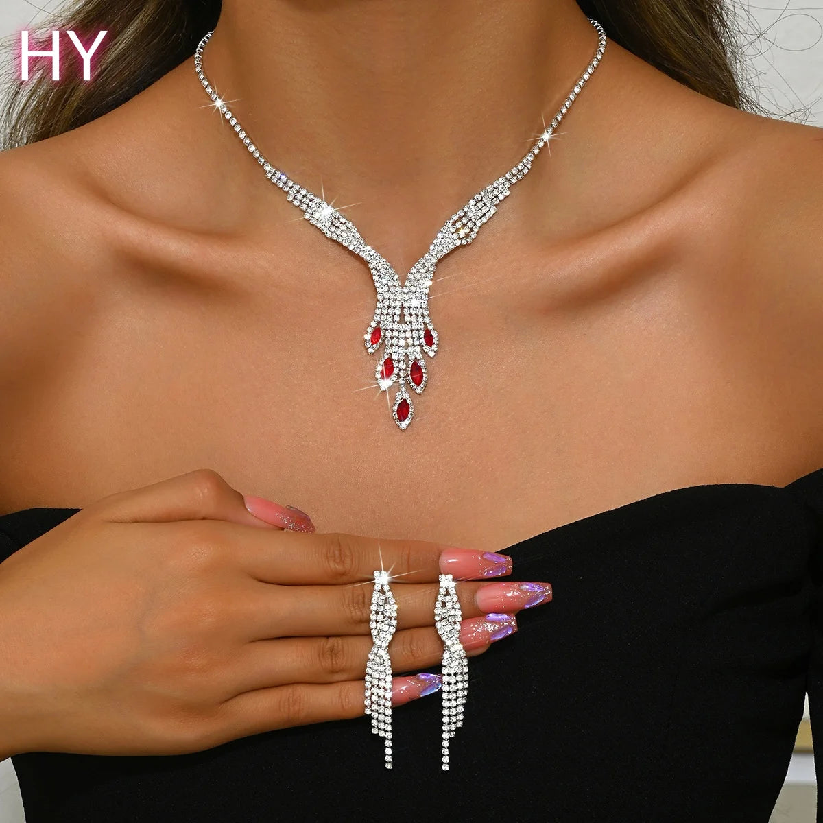 HY European and American Korean Bridal Creative Shining Necklace Earrings Fashion Set