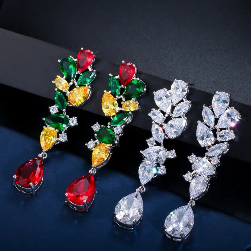 Designer Multicolor Green Red Yellow Cubic Zircon Leaf Flower Dangle Water Drop Long Earrings for Ladies Wedding Party Jewelry