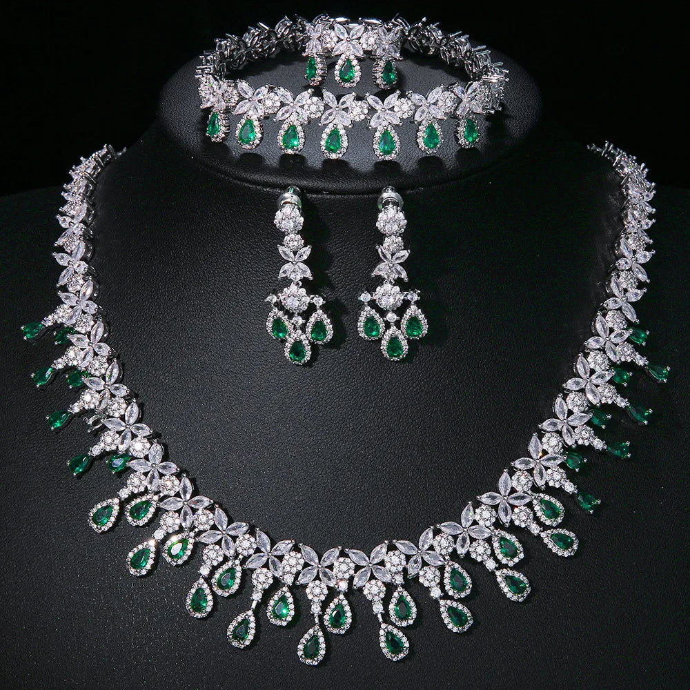 Luxury Pear-Cut Zirconia Teardrop Floral 4-Piece Necklace, Earrings, Ring & Bracelet Bridal Set — Rhodium Plated