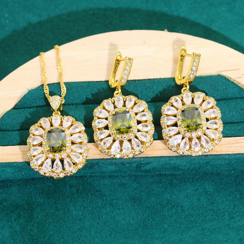 XOTICA Women's Gold Color Jewelry Set Olive Green Zircon Wedding Party Necklace Pendant Bracelet Ring Birthday Gifts for Friends