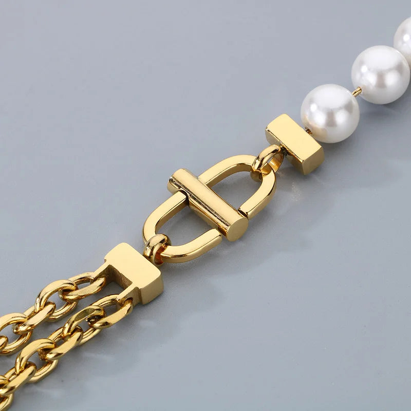 REBEL Unisex Elegant Noble Style Stainless Steel&Pearls Necklace