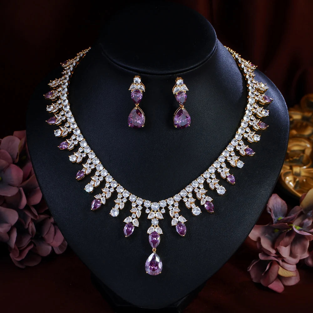 Luxury Gold Plated Purple Cubic Zirconia Big Chunky Water Drop Wedding Necklace Pageant Bridal Jewelry Sets