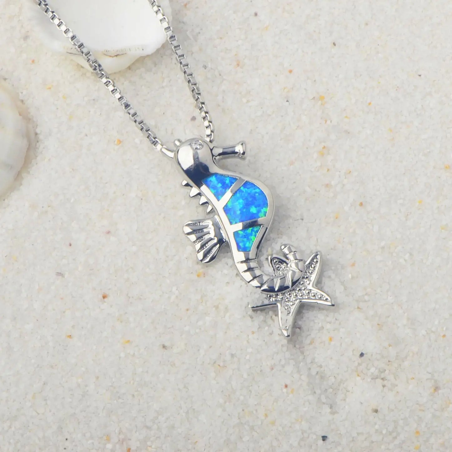 Aobao Christian Cute Silver Plated Women's Blue Opal Hippocampus Pendant Necklace with Link Chain Inlaid with Lab Created Opals