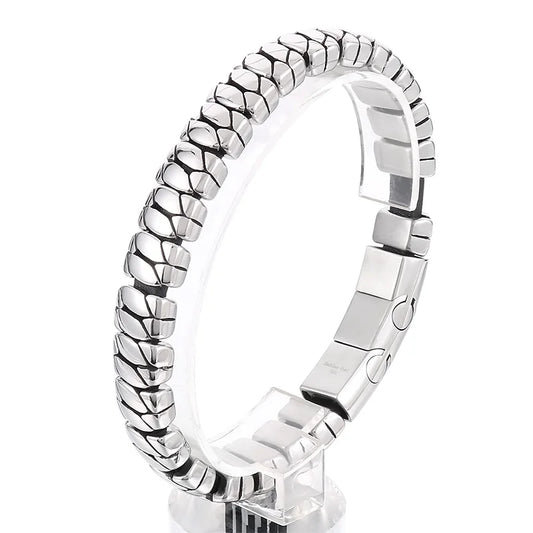 KALEN 225mm Fashion Leather&Stainless Steel Snake Scale Links Bracelet Bangle