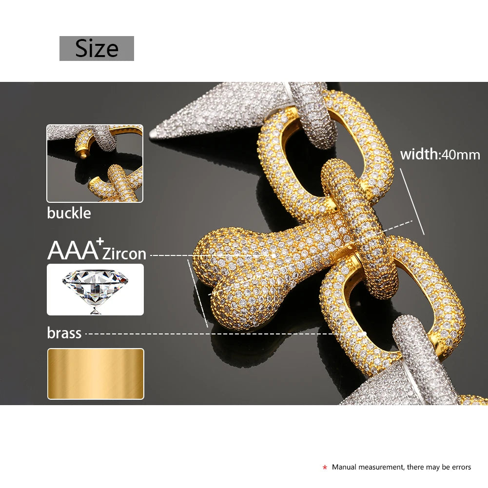 Xs Special Design Rapper's Jewelry 40mm Gold Plated Brass Full 5a Cz Iced Out Rivet Bone Cuban Link Chain for Men