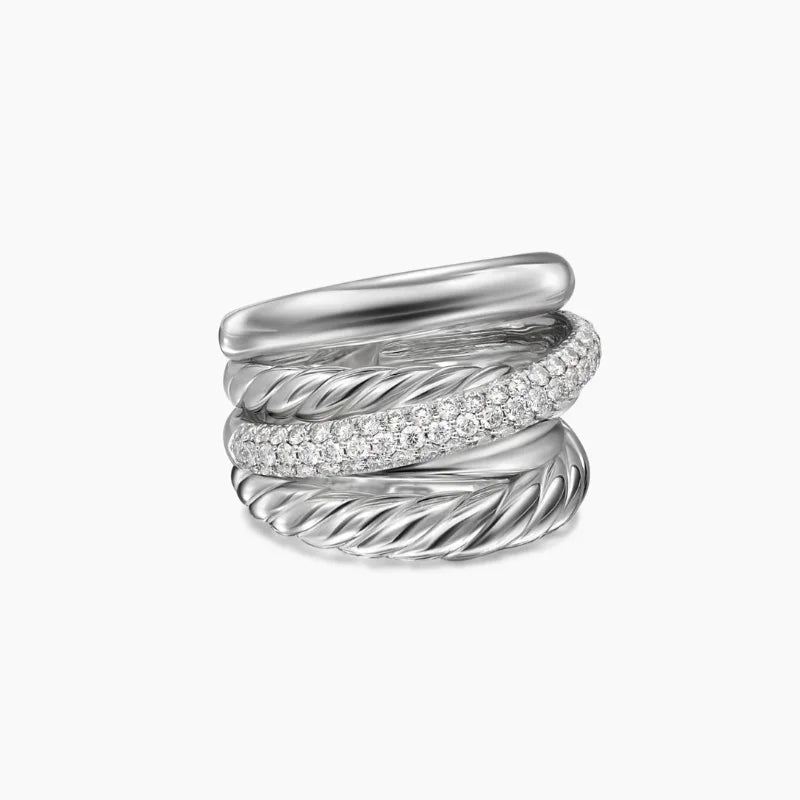 FASHIONISTA DY High-Quality Silver-Plated 17.5mm Five-Strand Cross Diamond Ring, Gold-Plated Diamond Ring, Jewelry