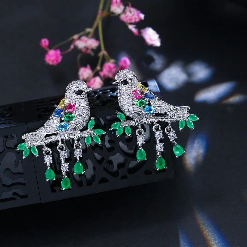 S&S 3D Green CZ Bird Dangle Drop Earrings | Lucky Animal Jewellery | NewLife