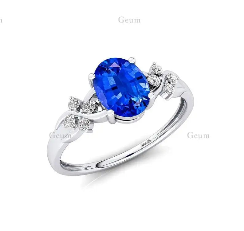 18K Gold Oval Blue Sapphire Gemstone Natural Diamond Halo Solitaire Wedding Ring IGI Certified 0.12Ct 8 Diamonds Rhodium Plated