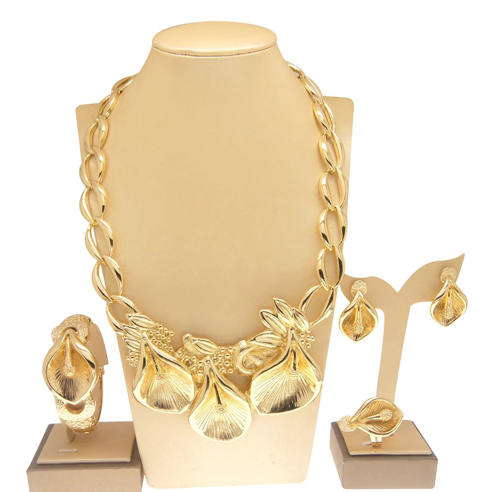 Zhuerru Italian Gold Plated Jewelry Set Leaf Shape Necklace Bracelet Earrings Jewels Sets Fashionable High-end Luxury H00159