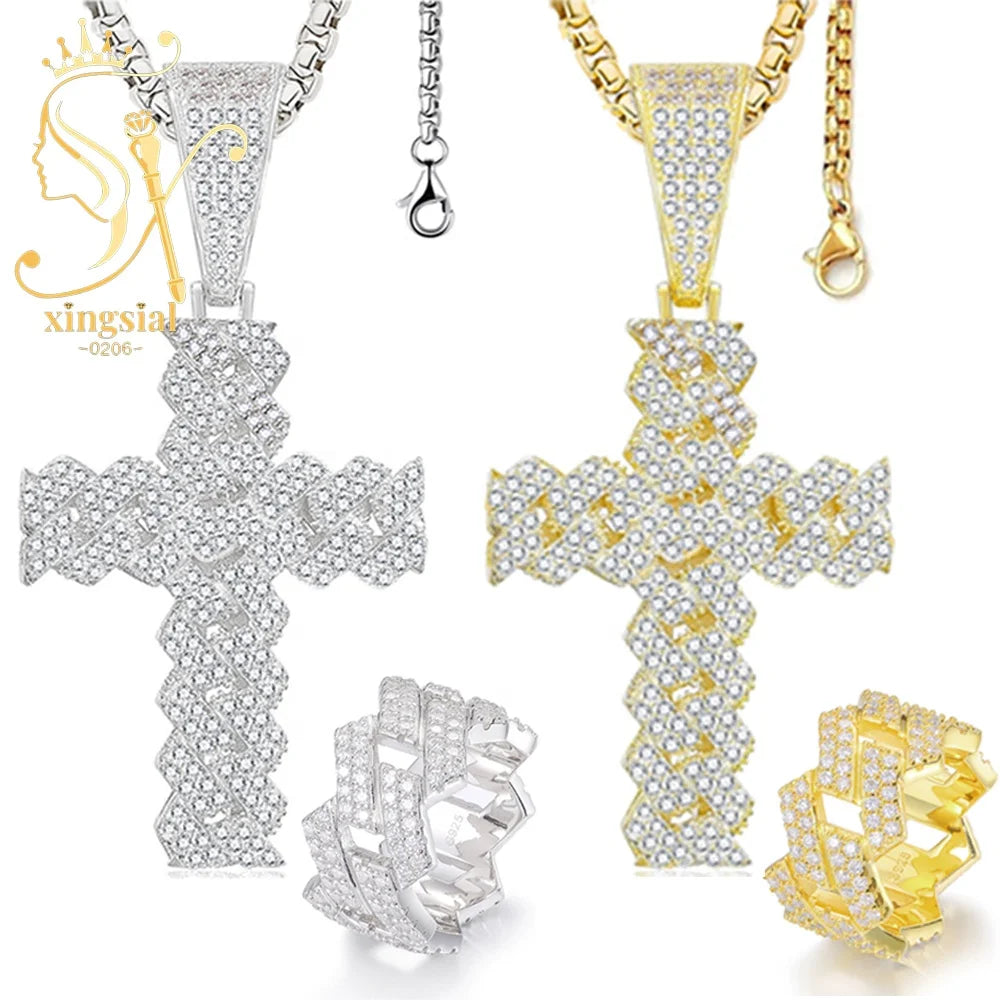 ArtistA Xingsial Custom Men's Jewelry Set 925 Sterling Silver Gold Plated Iced Moissanite Cross Pendant Cuban Link Wedding Ring