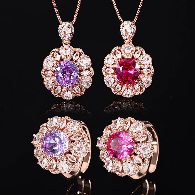 Gemfiori Advanced Color Treasure Purple Three Piece Jewelry Earnail Necklace Ring Female Ins Luxury Versatile Set
