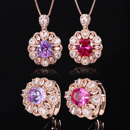 Gemfiori Advanced Color Treasure Purple Three Piece Jewelry Earnail Necklace Ring Female Ins Luxury Versatile Set